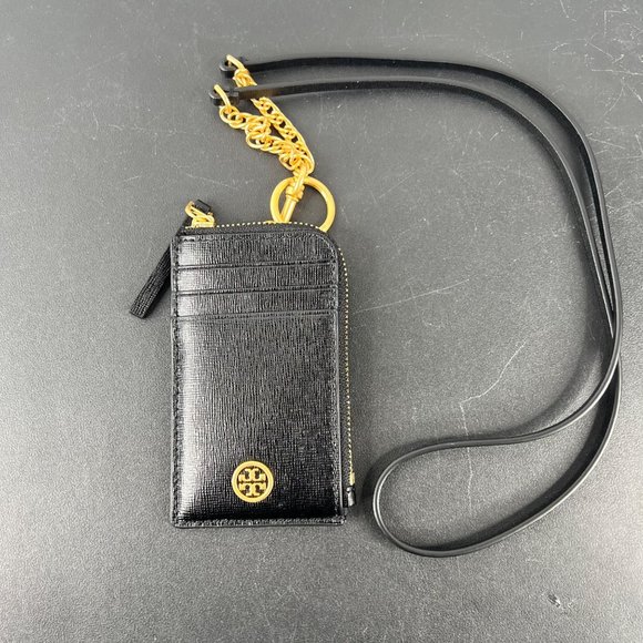 Tory Burch Robinson Saffiano Leather Lanyard Wallet Card Case Accessory Black - Picture 6 of 10